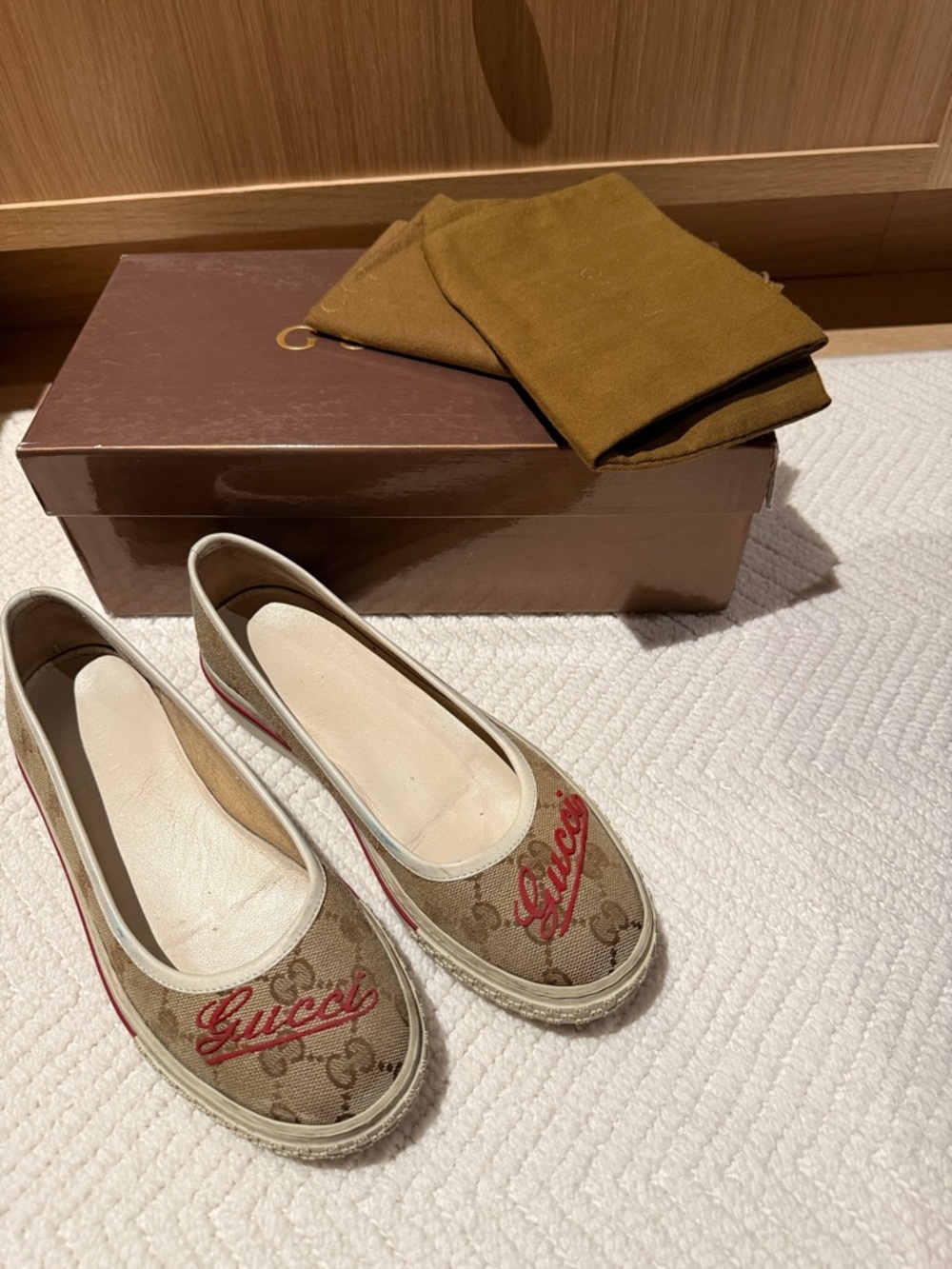 Gucci Beige Monogram Canvas Espadrille Flats with Red Logo